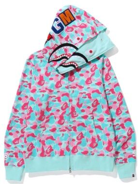 Bape Shark Zip Hoodie in Aqua Blue and Pink Camo